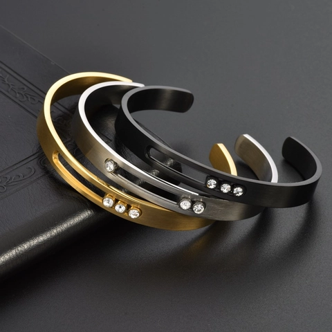 Minimalist Stainless Steel Open Cuff Bangle For Men Women Three Rhinestones Inlaid C-Shape Bangle Fashion Unisex Jewelry Gift