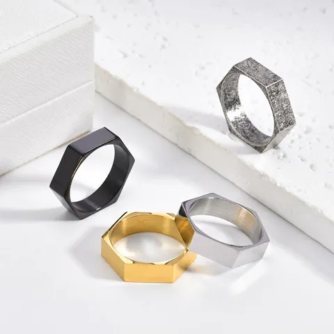 Titaniumstaal Zeshoekige Moer Ring Heren Dames Industriële Stijl Minimalistisch Geometrisch Gepolijst Punk Mode Hand Sieraden Cadeau