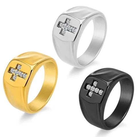 Trendy Stainless Steel Cross Signet Ring For Men Women Gothic Punk Rhinestone Inlaid Gold Silver Black Plated Fashion Jewelry Band Ring