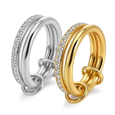 Mode Acier Inoxydable Strass Ensemble de Bagues Superposables à Plusieurs Rangs Or Argent Plaqué Géométrique Bijoux Individuels Bague pour Femmes