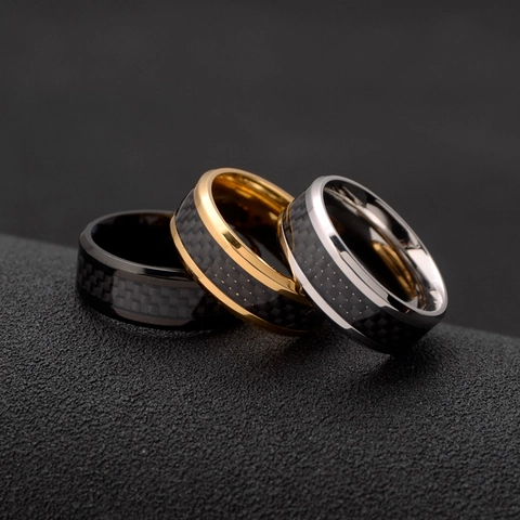 Men's Stainless Steel Carbon Fiber Inlay Ring Polished Groove Fashion Band Jewelry Accessory Gift For Men Gold Silver