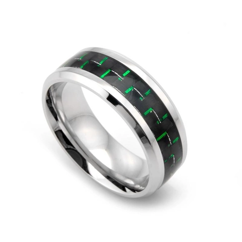 Anello da Uomo in Acciaio Inossidabile con Intarsio in Fibra di Carbonio Verde Stile Tech Moderno Punk Gioielli alla Moda