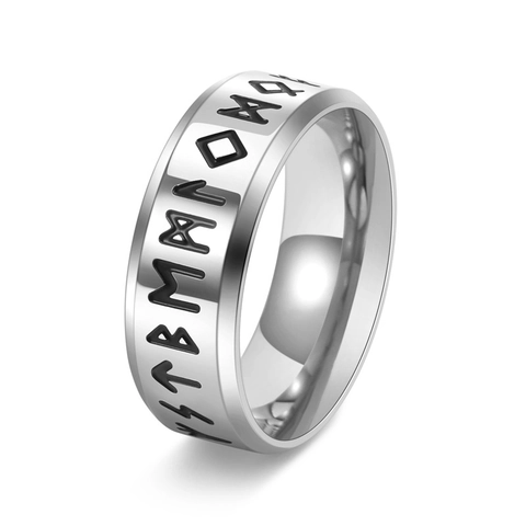 Nordisch Wikinger Runen Titanstahl Ring Für Herren Retro Punk Schwarz Silber Farbe Poliert Runen Alphabet Siegel Finger Schmuck