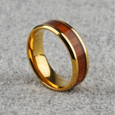 Vintage Titanium Staal Houtinleg Ring Voor Heren Industrieel Natuurlijk Houtnerf Band Ring Goud Zilver Zwart Sieraden