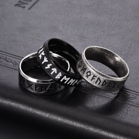 Nordisch Wikinger Runen Titanstahl Ring Für Herren Retro Punk Schwarz Silber Farbe Poliert Runen Alphabet Siegel Finger Schmuck