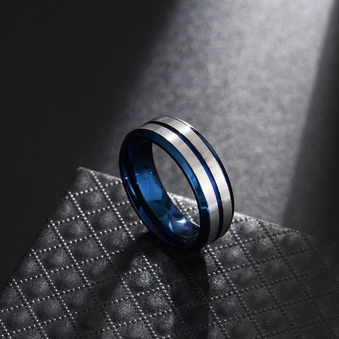 Herren Titanium Stahl Matt Gebürstet Blau Streifen Ring Dominant Minimalistisch Edelstahl Band Für Herren Mode Finger Schmuck Geschenk