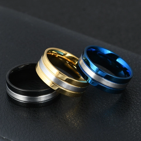 Anello in Acciaio Inossidabile a Due Toni per Uomo Oro Blu Nero Texture Spazzolata Fascia Opaca Anello Geometrico Gioielli Moda Regalo