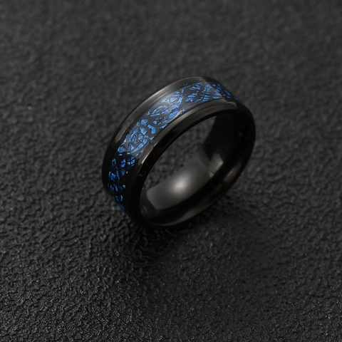 Celtic Dragon Pattern Men Ring Stainless Steel Blue Carbon Fiber Inlay Domineering Punk Fashion Jewelry Finger Band Ring