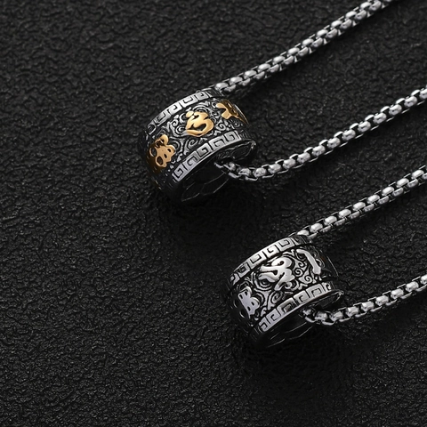 Vintage Roestvrijstalen Zes-woorden Spreuk Hanger Halsketting Voor Heren Gunstige Wolk Cilinder Mantra Sieraden Titanium Staal Ketting