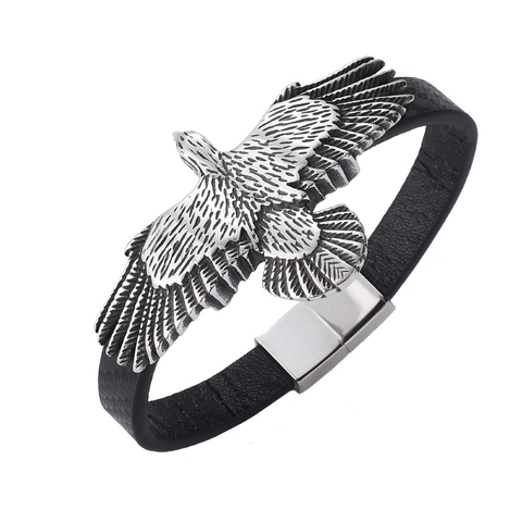 Bracciale da Uomo Retro in Acciaio Inossidabile Aquila in Pelle Intrecciata Con Chiusura Magnetica Stile Punk Nero Argento Gioielli