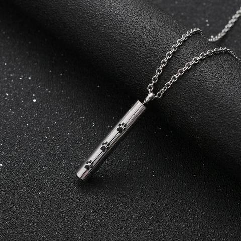 Stainless Steel Cylinder Paw Print Pet Memorial Urn Necklace Cremation Jewelry For Ashes Cylinder Pendant Necklace