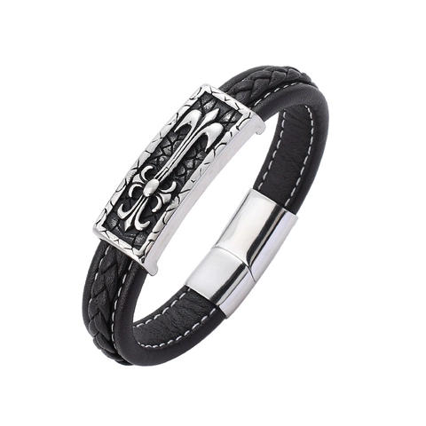 Men Retro Gothic Fleur De Lis Cross Braided Leather Bracelet With Stainless Steel Magnetic Clasp Punk Fashion Wristband Jewelry