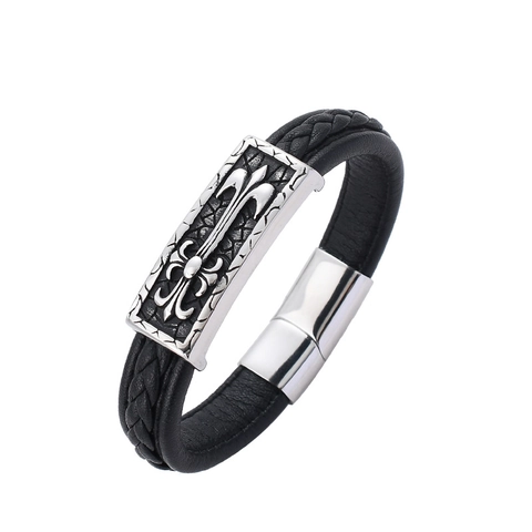 Men Retro Gothic Fleur De Lis Cross Braided Leather Bracelet With Stainless Steel Magnetic Clasp Punk Fashion Wristband Jewelry