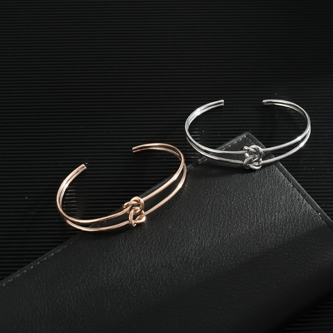 Stainless Steel Knot Cuff Bracelet For Women Minimalist Korean Ins Style Double Line Adjustable Jewelry Rose Gold Silver