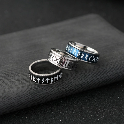 Men Vintage Viking Rune Spinner Ring Titanium Steel Nordic Norse Mythology Retro Punk Band Ring Black Blue Silver Tone Jewelry Gift