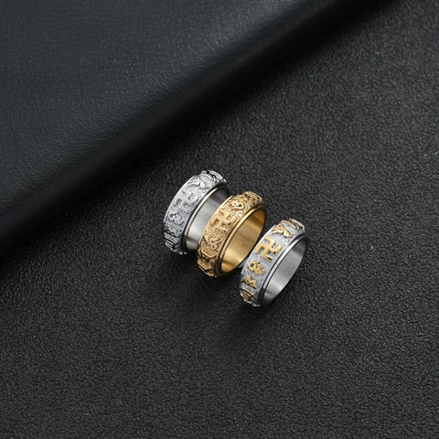 Anillo Giratorio de Mantra de Seis Caracteres de Acero Inoxidable para Hombre Banda Budista Religiosa Joyería Vintage