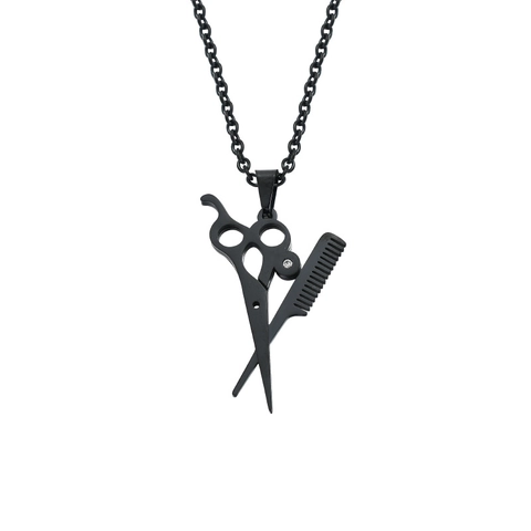 Cool Hip Hop Scissors Comb Pendant Necklace Titanium Steel Electroplated Rhinestone Jewelry Barber Gift For Men