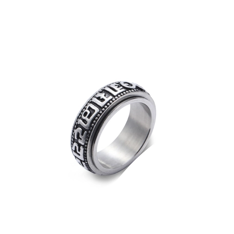 Vintage Stainless Steel Spinner Ring For Men Buddhist Mantra Religious Om Mani Padme Hum Rotatable Anxiety Relief Band Ring