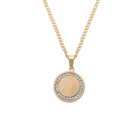 Professional Stainless Steel Medical Caduceus Snake Staff Pendant Necklace Round Pave Rhinestone Doctors Healthcare Men Jewelry