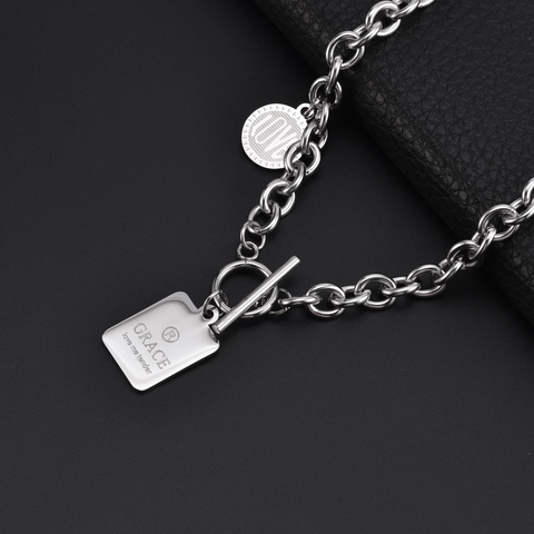 Collar de Acero de Titanio Hip Hop para Hombre Cierre OT Colgante Cuadrado Pulido Disco Redondo Grabado Joyería Industrial