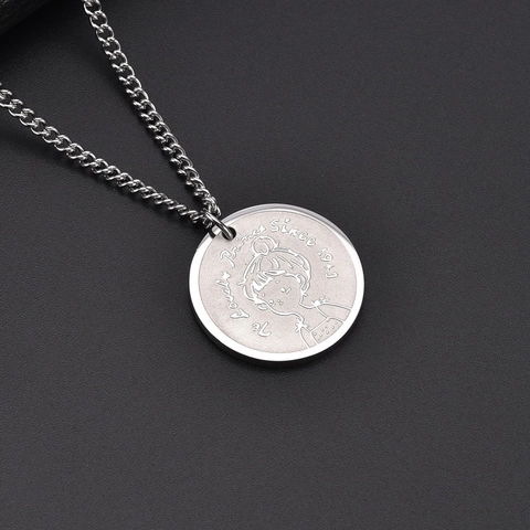 Collana con Pendente a Moneta Rotonda in Acciaio Inossidabile Minimalista per Donna Ritratto di Ragazza dei Cartoni Animati Gioielli in Argento