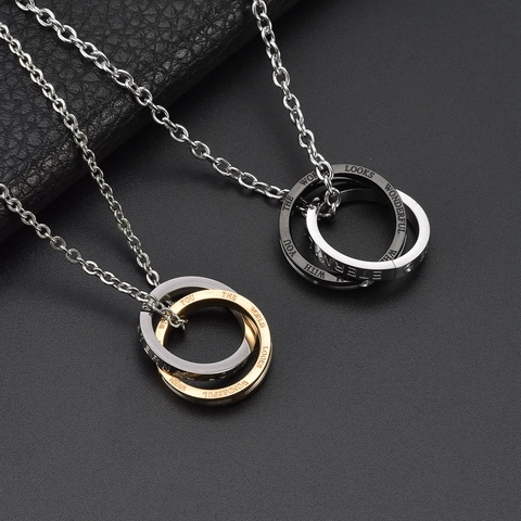 Roestvrij Staal Ineengevlochten Dubbele Ring Hanger Halsketting Voor Heren Dames Gravure Eternal Love Strass Ingelegde Sieraden