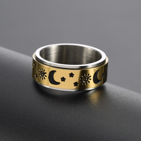 Titanstahl Spinner Ring Sonne Mond Stern Himmlisches Muster Drehbarer Angstring Gold Silber Zweifarbig Unisex Schmuck