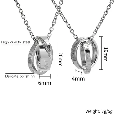 Mode Roestvrij Staal Ineengestrengelde Dubbele Ring Hanger Halsketting Voor Koppels Gegraveerd Love Eternal Zirconia Ingelegd Sieraden