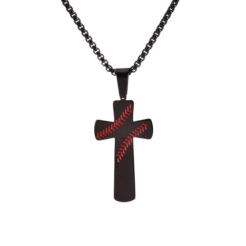 Herren Polierter Edelstahl Kreuz Anhänger Halskette Mit Baseball-Muster Graviert Motivierender Sportschmuck Für Fans