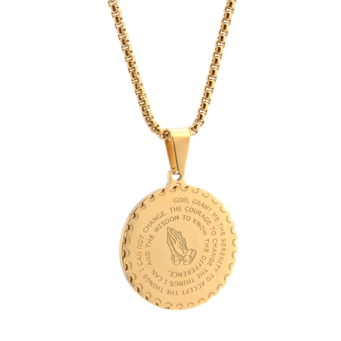 Stainless Steel Serenity Prayer Praying Hands Pendant Necklace Round Engraved Religious Medallion Chain For Men Women Jewelry Gift
