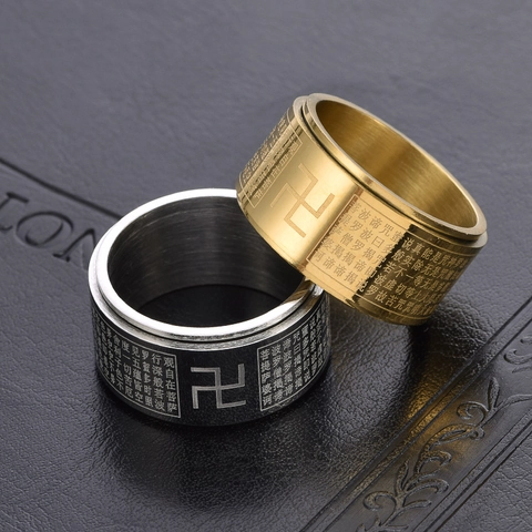 Anello Rotante Buddista Sutra del Cuore in Acciaio Inossidabile Mantra Svastica Spinner Band per Uomo Gioielli Religiosi
