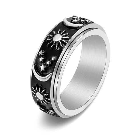 Bague Rotative en Acier Inoxydable Vintage Avec Motifs Célestes Soleil Lune Étoile Design en Relief Bijoux Unisexe