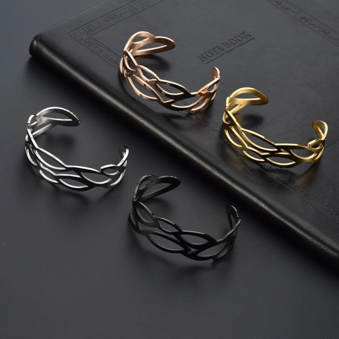 Bracciale Rigido Aperto in Acciaio Inossidabile Minimalista da Donna Design a Foglia Onda Cava Stile Coreano Elegante Gioielli Regolabili