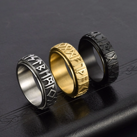Bague Spinner Runes Vikings pour Hommes en Acier Inoxydable Mythologie Nordique Anti-stress Fidget Band Bijoux de Doigt Style Nordique