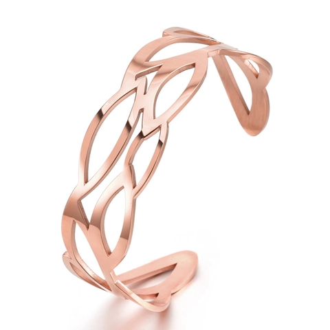 Bracciale Rigido Aperto in Acciaio Inossidabile Minimalista da Donna Design a Foglia Onda Cava Stile Coreano Elegante Gioielli Regolabili