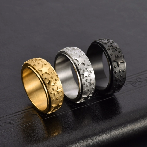 Roestvrijstalen Spinner Ring Voor Heren Dames Ster Relief Patroon Punk Decompressie Roterende Mode Sieraden