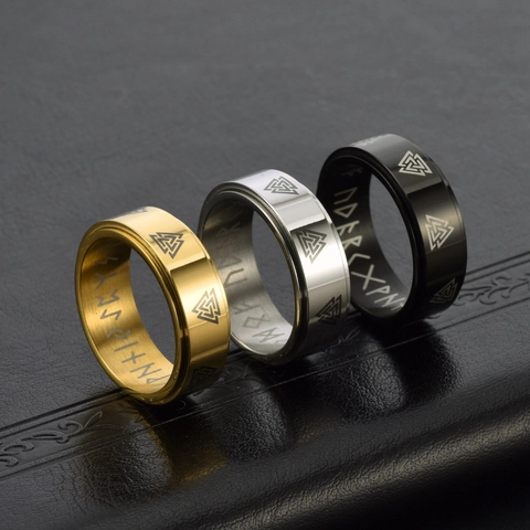 Nordic Viking Valknut Rune Spinner Ring For Men Stainless Steel Rotating Band Ring Retro Mythology Jewelry Black Silver Gold