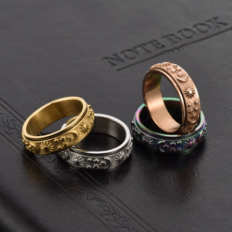 Stainless Steel Sun Moon Star Spinner Ring For Women Men Stress Relief Fidget Ring Astronomical Embossed Band Jewelry