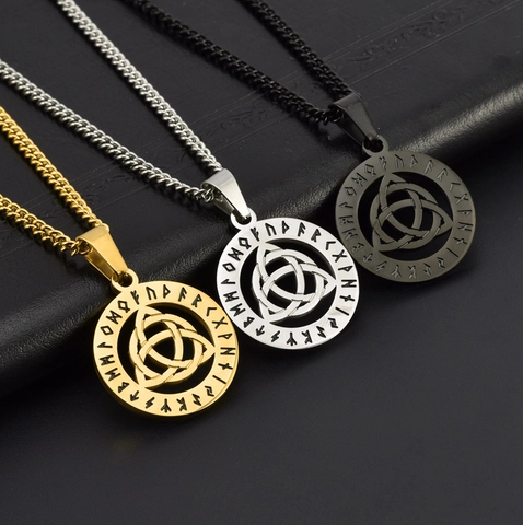Retro Nordic Viking Rune Pendant Necklace For Men Stainless Steel Celtic Knot Hollow Round Charm Mythology Jewelry Gift
