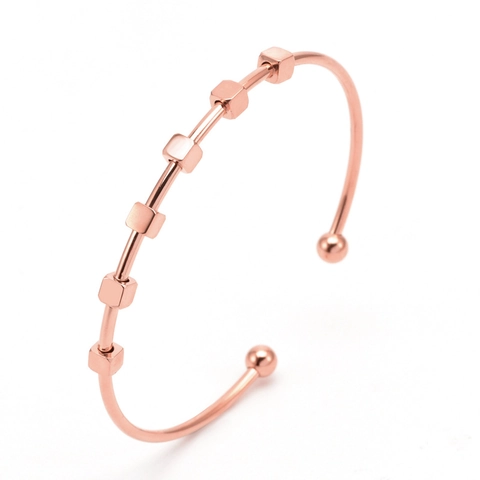 Minimalist Titanium Steel C-Shaped Cuff Bracelet For Women Korean Style Square Geometric Bead Inlaid Polished Metal Bangle Jewelry Accessory
