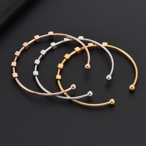 Minimalist Titanium Steel C-Shaped Cuff Bracelet For Women Korean Style Square Geometric Bead Inlaid Polished Metal Bangle Jewelry Accessory