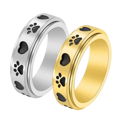 Stainless Steel Spinner Ring Heart Paw Print Rotatable Anxiety Relief Band Cute Pet Lover Jewelry For Women Men