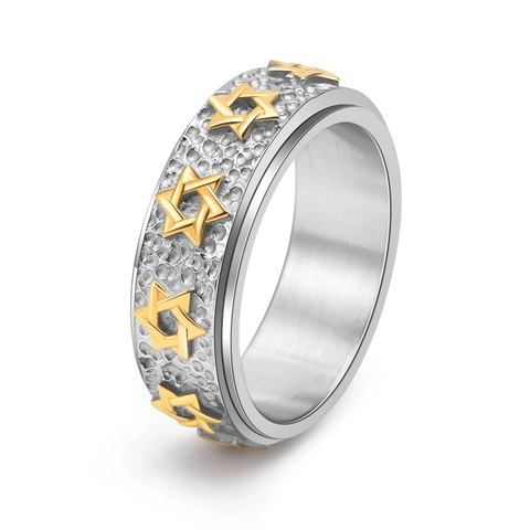 Vintage Titanium Steel Spinner Ring For Men Religious Star of David Hexagram Relief Hammered Texture Stress Relief Band