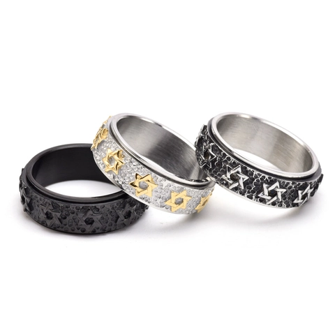 Vintage Titanium Steel Spinner Ring For Men Religious Star of David Hexagram Relief Hammered Texture Stress Relief Band