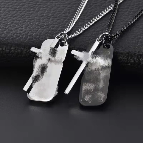 Industrial Stainless Steel Cross Dog Tag Pendant Necklace For Men Polished Double Layer Square Plate Fashion Jewelry Accessory