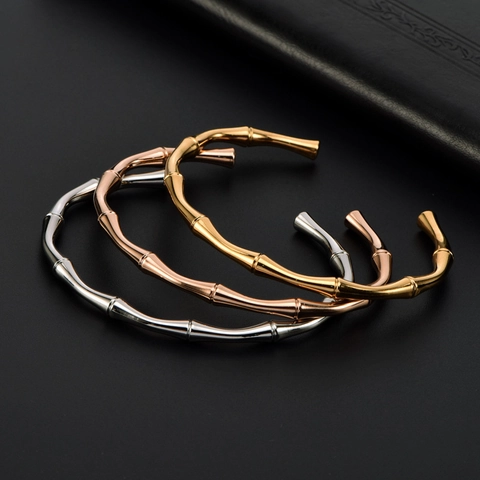 Minimalistisches Armband Mit Bambusgelenken Titan Edelstahl Offener C-Form Armreif Für Damen Mode Pendler Schmuck Geschenk