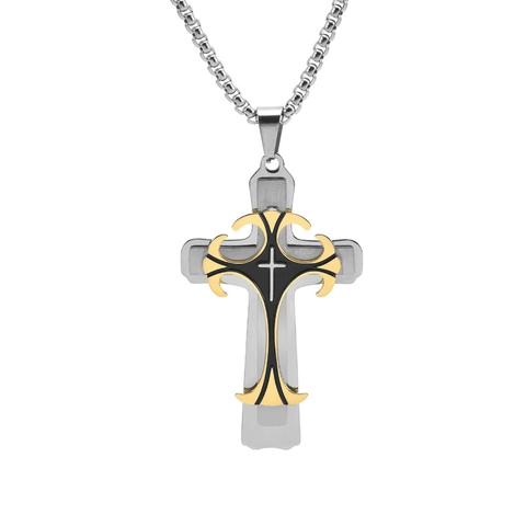 Men Stainless Steel Cross Pendant Necklace Layered Gothic Hip Hop Polished Metal Pattern Stitching Long Box Chain Jewelry