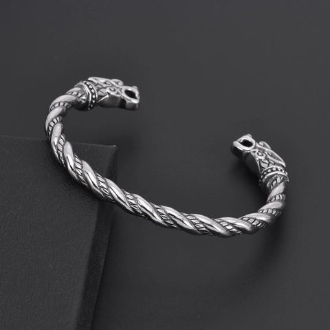 Retro Nordic Viking Dragon Head Open Cuff Bracelet For Men Stainless Steel Twisted Cable Adjustable Bangle Antique Silver Jewelry