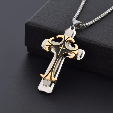 Men Stainless Steel Cross Pendant Necklace Layered Gothic Hip Hop Polished Metal Pattern Stitching Long Box Chain Jewelry