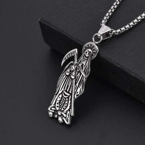 Gothic Stainless Steel Grim Reaper Scythe Pendant Necklace Retro Punk Skull Death Necklace For Men Street Jewelry Gift